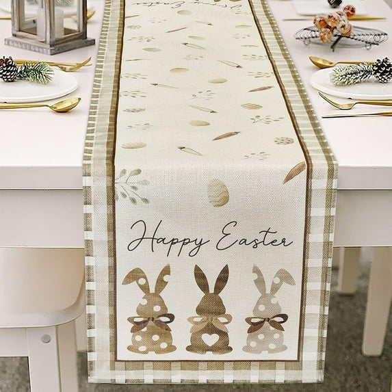 Khaki Easter Bunny Radish Egg Linen Table Runner - Printed Table Flag with 4 Sizes, Rustic Farmhouse Decor for Restaurant Home Easter Brunch Spring