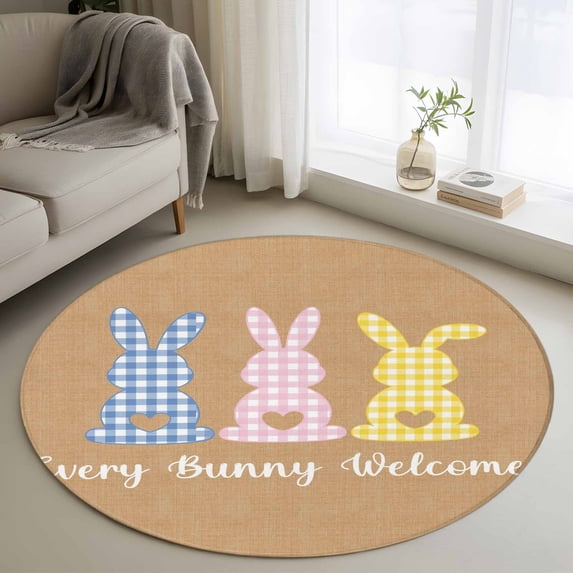 Khaki Easter Round Area Rug 4Ft Washable Circle Rugs for Bedroom Dining Room, Pink Yellow Blue Bunny Plaid Vintage Rustic Non-Slip Carpet Floor Mats Indoor Outdoor Carpet Runner Aesthetic Home Decor