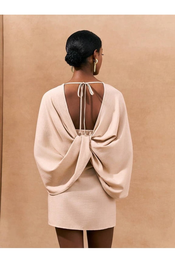 Khaki Elegant Wrap Mini Dress With Open Back And Tie Detail For Women