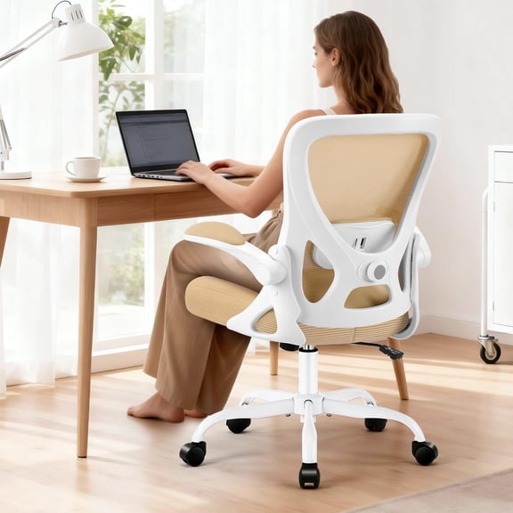 Khaki Ergonomic Mesh Office Chair With Adjustable Lumbar Support, Flip-Up Armrests, High Back, Swivel Rolling Base