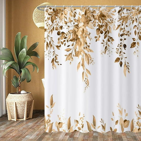 Khaki Eucalyptus Leaves Shower Curtain, Brown and Gold Watercolor Leaves Botanical Plants Bathroom Curtain Waterproof Fabric Machine Washable with Hooks, 36" Wx72 L