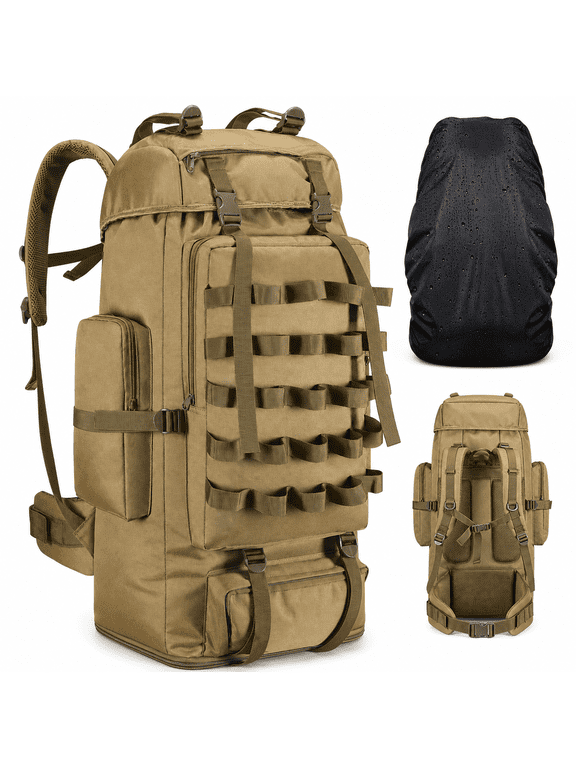 Khaki Expandable 70L/100L Waterproof Camping Hiking Backpack with Rain Cover