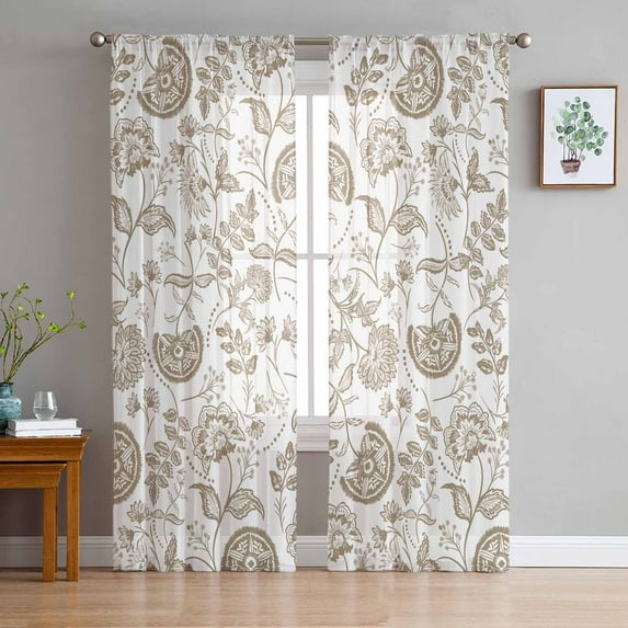 Khaki Farmhouse Semi Sheer Curtains 84 Inch Length 2 Panels Set, Floral Floral Plant Leaf Vintage Spring Sheer Kitchen Curtain Privacy Voile Window Curtain for Living Room Bedroom Rod Pocket Drapes