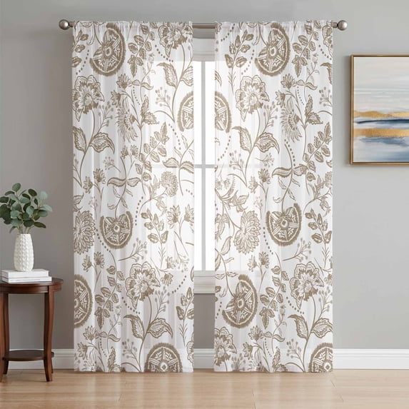 Khaki Farmhouse Sheer Curtains 72 Inch Length 2 Panels Set, Floral Floral Plant Leaf Vintage Spring Voile Window Treatment Rod Pocket Curtains Sheers Drapes for Bedroom/Living Room/Kitchen 52"x72"x2