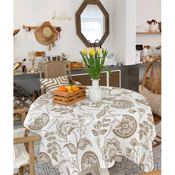 Khaki Farmhouse Tablecloth Square Table Cloth 54x54, Waterproof Tablecloth Outdoor Table Cloth, Floral Floral Plant Leaf Vintage Spring Washable Table Cover for Kitchen Dining Party