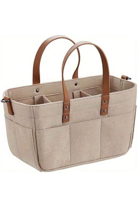 Khaki Felt Organizer Tote Bag With Multiple Pockets And Leather Handles