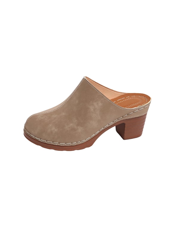 Khaki Female Casual Mule Slippers With Platform Heel Closed Toe For Spring Summer Outdoor Comfortable Slip On Wear