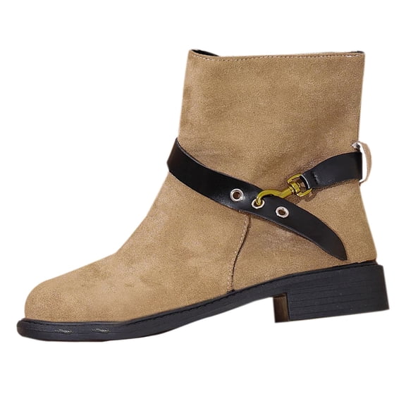Khaki Female Casual Round Toe Thick Heel Slim British Style Soft Sole Buckle Ankle Boots Versatile Use