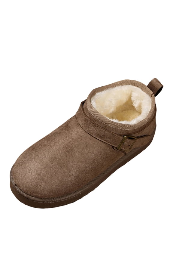 Khaki Female Casual Snow Boots With Round Toe And Furry Thick Bottom Belt Buckle For Winter