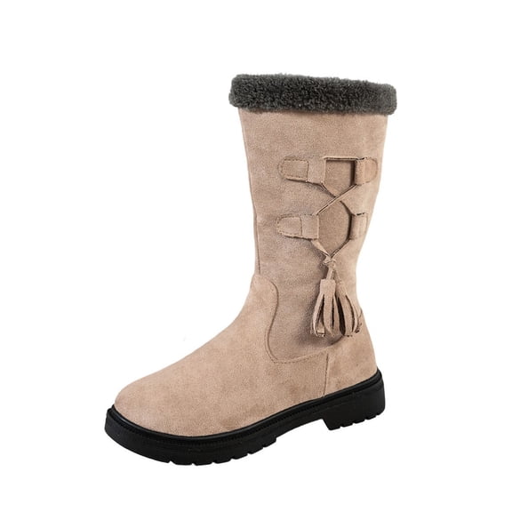 Khaki Female Comfort Style Seasonal Fleece Insulated Ankle Boots With Rounded Toe Side Zipper Low Profile Heel Mid Height Calf Design