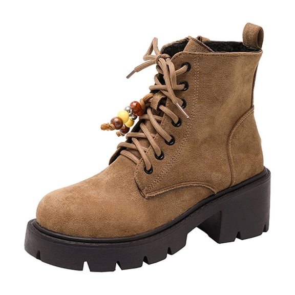 Khaki Female Round Head Boots With Bead Beads And British Style For Casual Wear Mid Heel