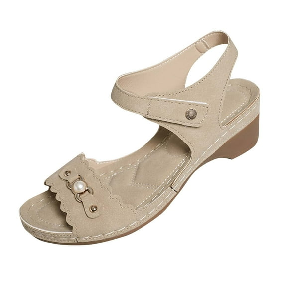 Khaki Female Stylish Relaxed Buckle Sandals With Block Heel Peep Toe For Spring Summer Comfort