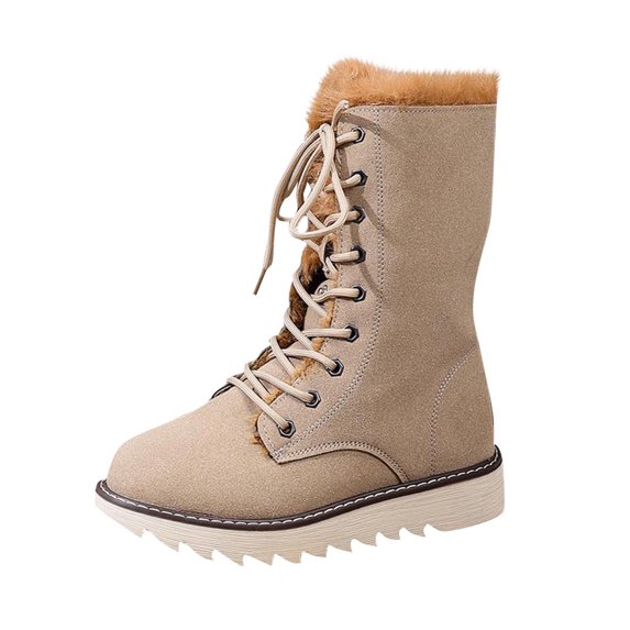 Khaki Women'S Snow Boots Fashion Lace-Up Comfortable Warm Fur-Lined Thick-Soled Non-Slip Outdoor Winter Shoes Platform Boots 1.54 Lb