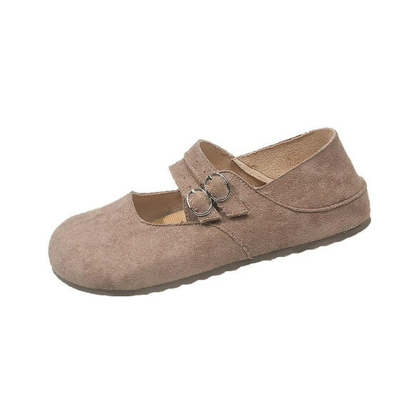Khaki Feminine Fashionable Casual Versatile Solid Color Comfortable Round Toe Low Cut Double Buckle Flat Shoes For Outdoor Use
