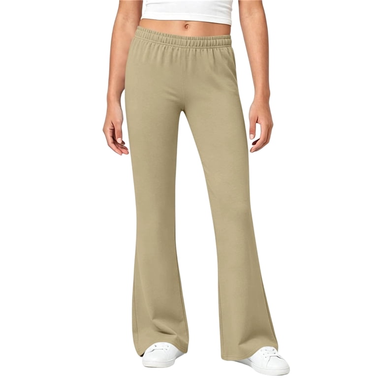 Khaki Flare Pants for Girls - Elastic Waist Stretchy Wide Leg