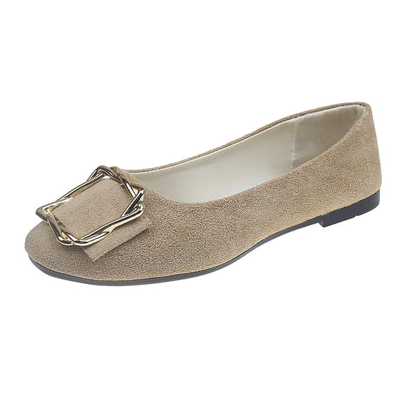 Khaki Flat Shoes For Women With Metal Buckle Quilted Insole Roundtoe Soft Sole Pumps Solid Color Comfortable Casual Everyday Wear Size 42