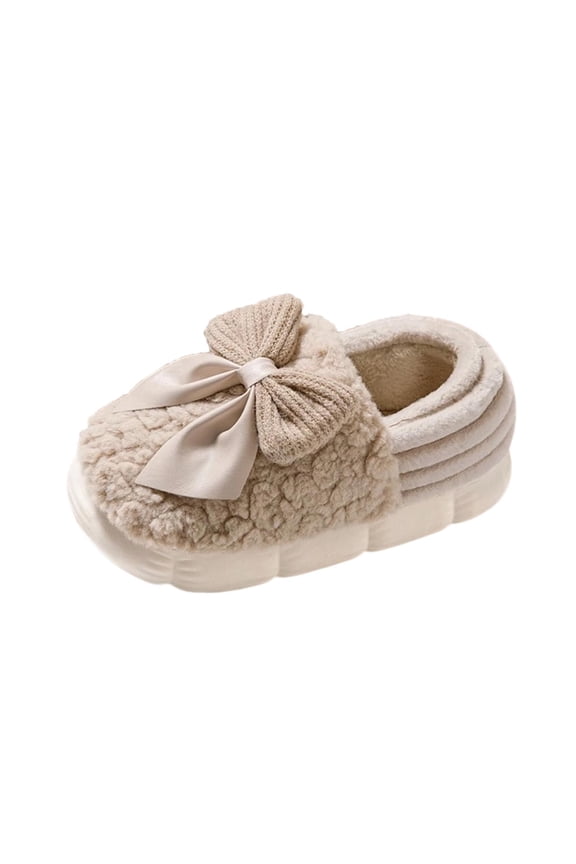 Khaki Flat Slippers For Women With Bow-Knotted Heeled Design Home Wear Casual Winter Outerwear