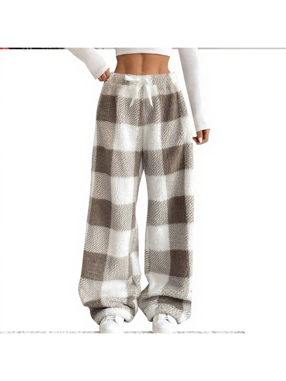 Khaki Fleece Lined Wool PJ for Women Winter Fall Loose Fit Casual Thick Plaid Thermal Fuzzy Straight Leg Elastic Waist Plain Pants Pajamas PJ Womens 2025 Clothes M