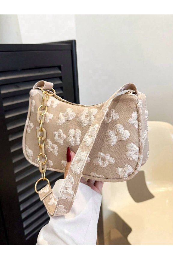 Khaki Floral Embroidered Saddle Shoulder Bag With Chain Strap