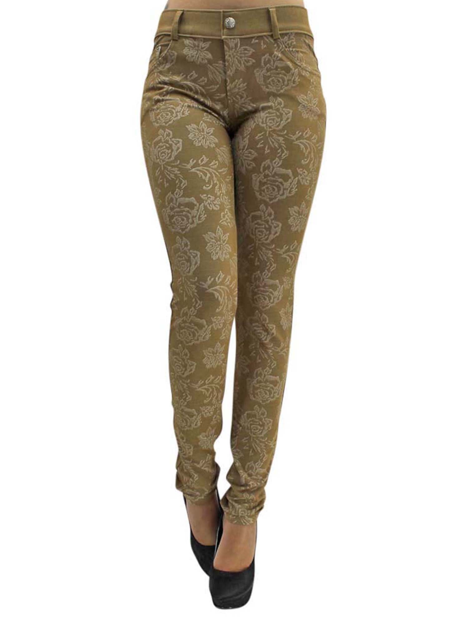 Khaki Floral Stretch Jeggings With Pockets Size Small/Medium