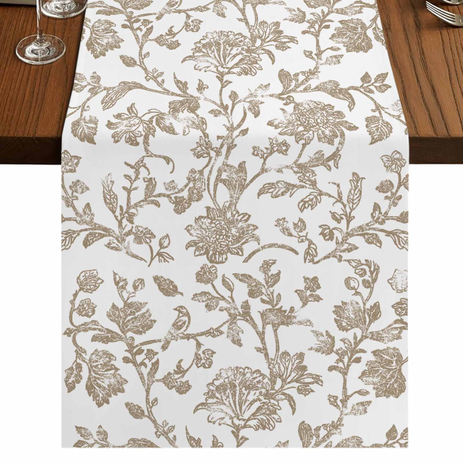 Khaki Flower 48 Inch Table Runner, Vintage Farmhouse Boho Leaf Spring Plant Farmhouse Dresser Scarf Cotton & Linen Tablerunner for Dining/Kitchen Island/Holiday Party Décor 13" x 48"