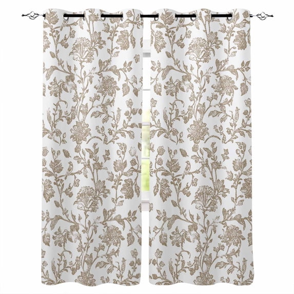 Khaki Flower Blackout Curtains 84 Inches Long, Vintage Farmhouse Boho Leaf Spring Plant Thermal Insulated Black Out Curtains, Darkening Window Curtain Drapes for Bedroom Living Room 42"x84" 2 Panels