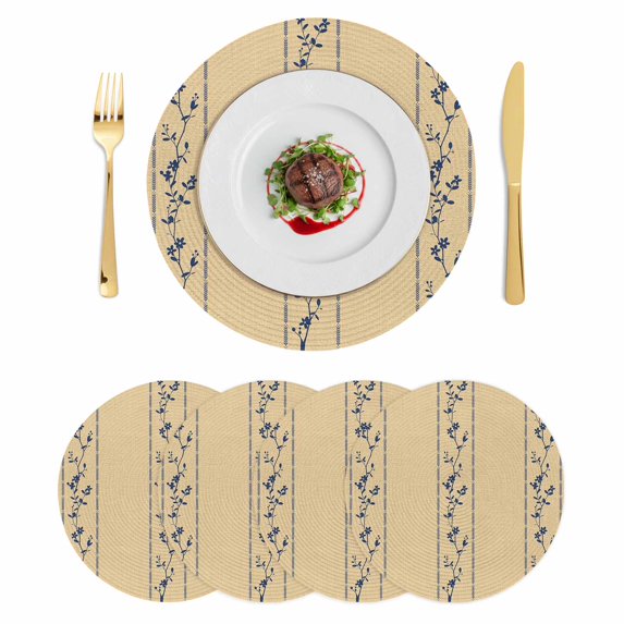 Khaki Flower Branch Round 13 Inch Placemats Set of 4, Spring Summer Farmhouse Botanical HeatResistant Non Slip Place Mats for Dining Table, Wipeable Braided Kitchen Table Mats for Housewarming