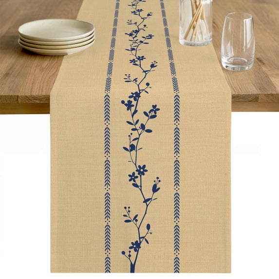 Khaki Flower Branch Table Runner - 72 Inch Long Spring Summer Farmhouse Botanical Cotton and Linen Blended Dress Scarves Farmhouse Table Runner for Kitchen Dining, Coffee Table, 13" x 72"