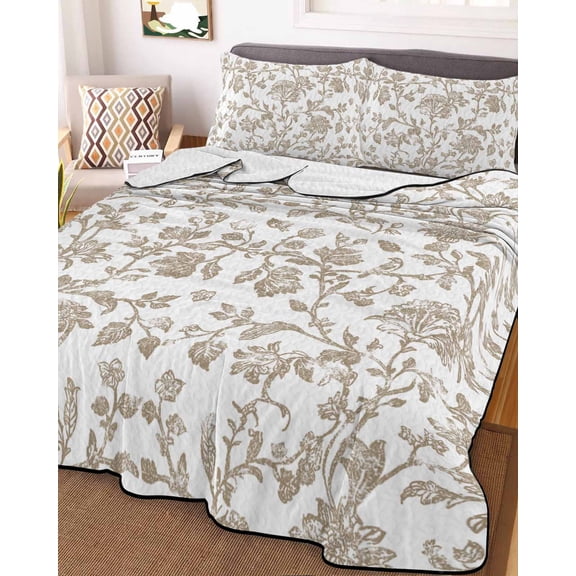 Khaki Flower King Size Down Alternative Comforter, Lightweight Comforter Quilt Bedding Set with Pillow Shams Vintage Farmhouse Boho Leaf Spring Plant All Seasons Bed Comforter Duvet Insert 96"x106"