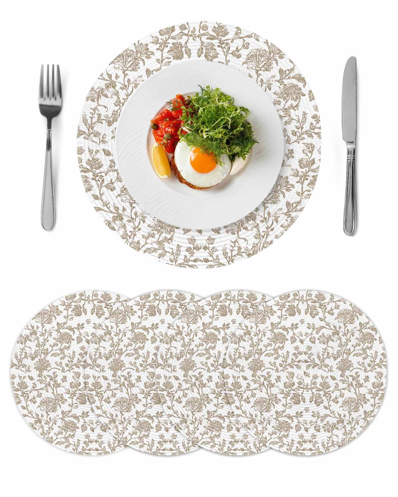 Khaki Flower Round 13 Inch Placemats Set of 4, Vintage Farmhouse Boho Leaf Spring Plant HeatResistant Non Slip Place Mats for Dining Table, Wipeable Braided Kitchen Table Mats for Housewarming