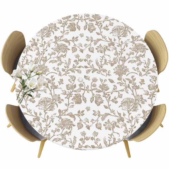 Khaki Flower Round Tablecloth 36-44 Inch Round Fitted Table Cloth with Elastic Edge, Vintage Farmhouse Boho Leaf Spring Plant Waterproof Table Cover Protector for Outdoor Picnic Party Dining