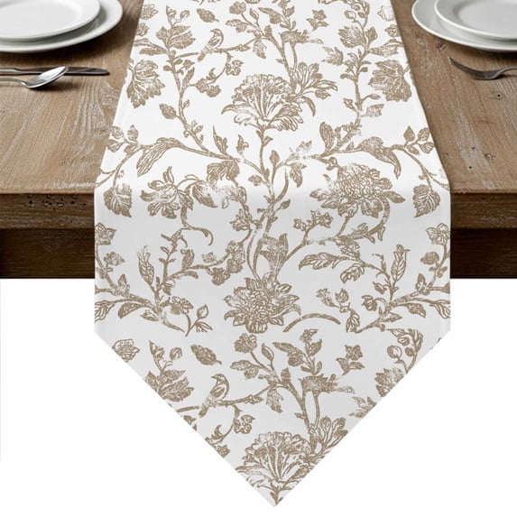 Khaki Flower Table Runner Linen Burlap Table Runner 108 Inches Long Vintage Farmhouse Boho Leaf Spring Plant Dresser Scarves for Kitchen Island Coffee Dining Party Wedding Holiday Decor 13"x108"