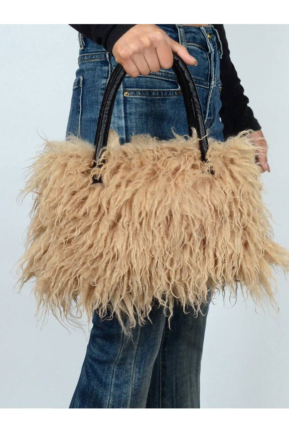 Khaki Fluffy Faux Fur Top Handle Tote Handbag For Women