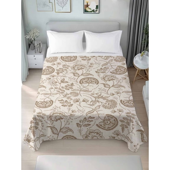 Khaki Fruit Twim Size Flat Sheet, Wrinkleproof & Fadeproof Cooling Flat Bed Sheet Only, Country Retro Floral Botanical Plant Breathable Soft Bedding Top Sheets 66 x 96 Inches