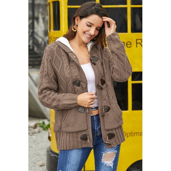 Khaki Fur Hood Horn Button Sweater Cardigan