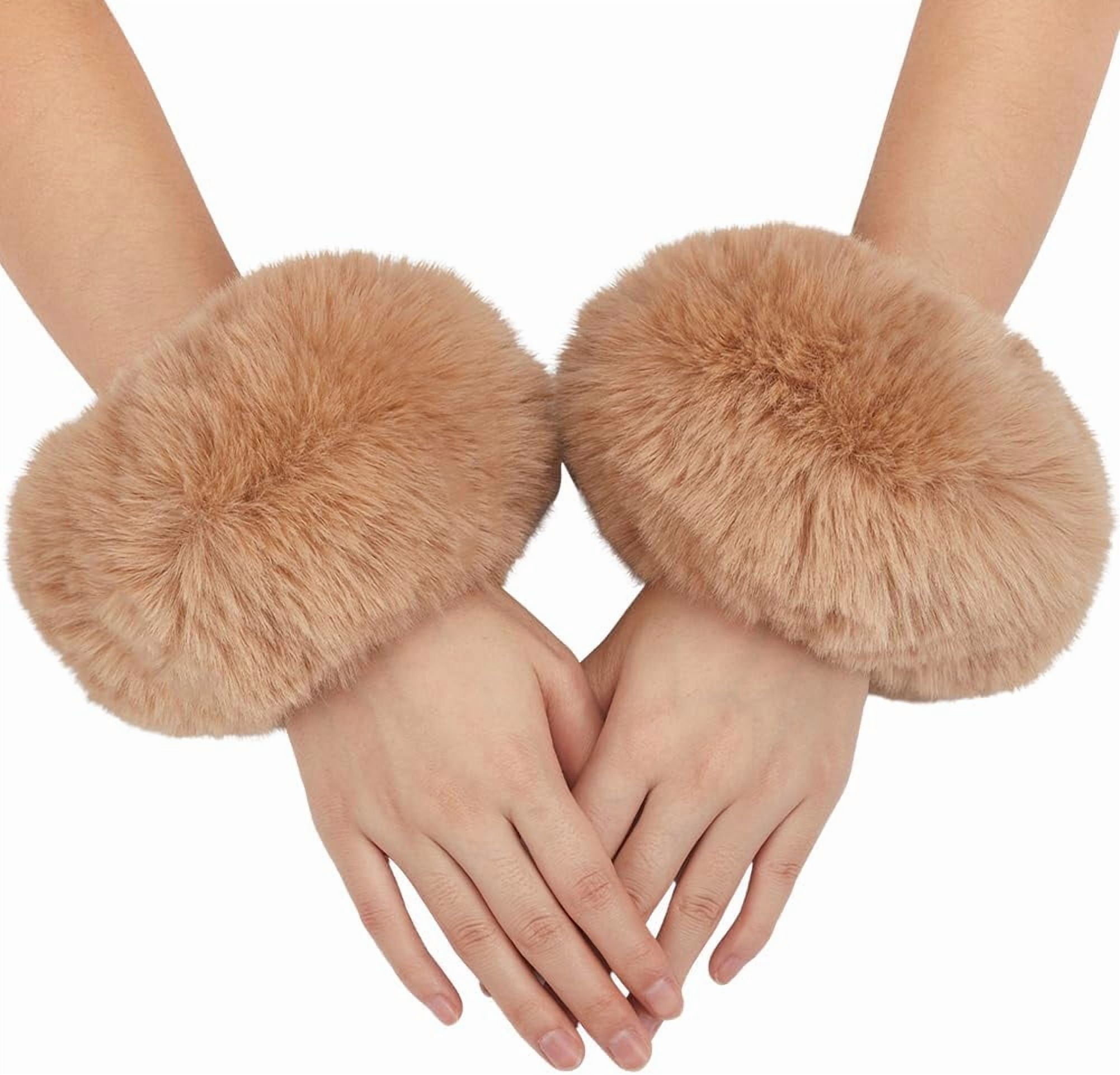 Khaki Fur Wrist Cuffs Women Arm Warmers Brown Short Winter Faux