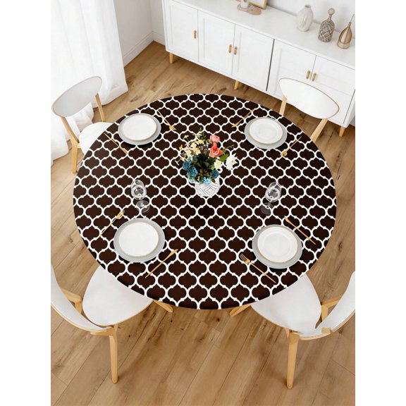 Khaki Geometric Pattern Waterproof Elastic Tablecloth Set 3pcs 72x30 Inch