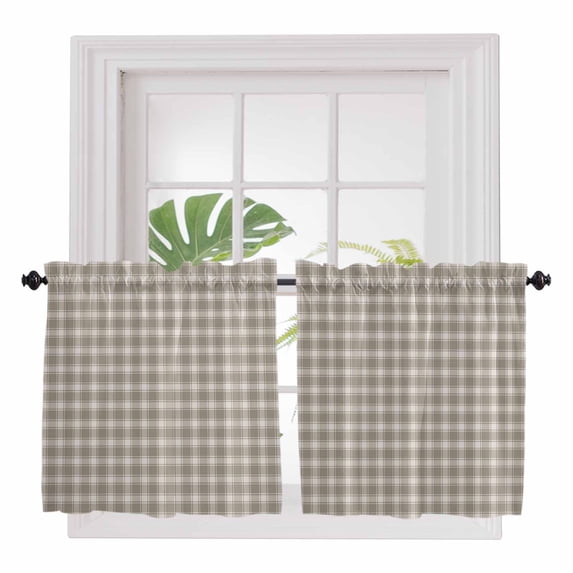 Khaki Gingham 2 Panel Kitchen Curtains for Small Windows, Farmhouse Buffalo Plaid Checkered Bathroom Tier Curtain, Short Window Treatment for Bedroom/Living Room 55"x24"