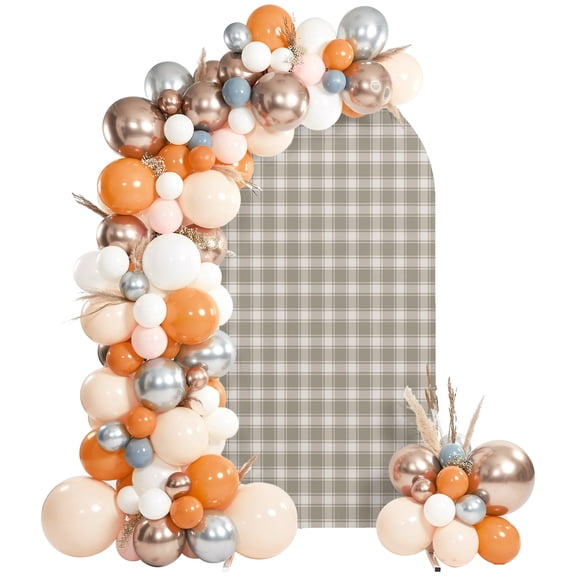 Khaki Gingham Arch Backdrop Cover 6.6Ft, Wedding Arch Covers Stretchy Backdrop, Farmhouse Buffalo Plaid Checkered Fitted 2 Sided Arched Photo Background for Birthday Party Decorations