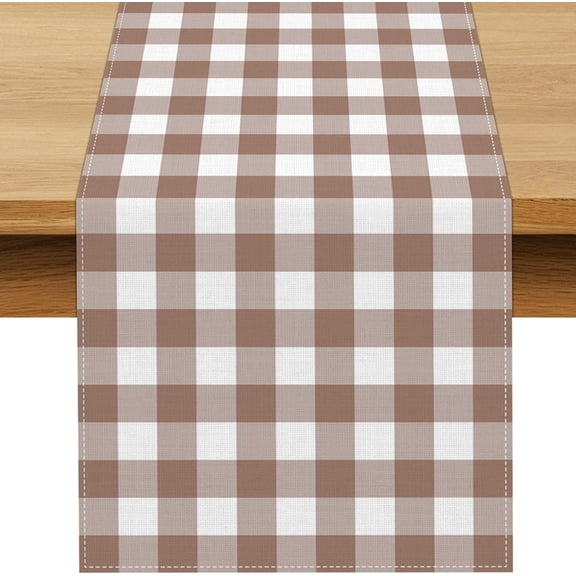 Khaki Gingham Table Runner Light Brown Khaki and White Checkered Birthday Wedding Baby Shower Party Decoration BBQ Picnic Home Kitchen Table Decor (13.8" x 71")