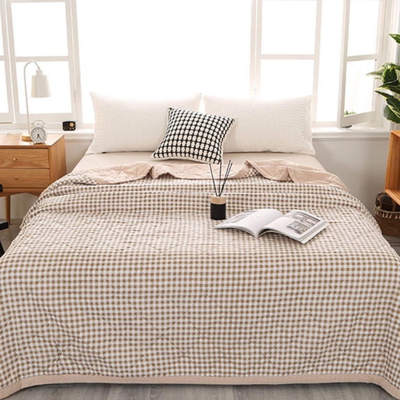 Khaki Gingham Washed Cotton Cooling Summer Quilt - Lightweight Breathable Comforter for All Seasons