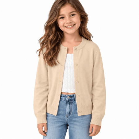 luawuai Khaki Girls Button Front Cardigan Sweater Size 8-9 Years, Long Sleeve Crew Neck Knit Jacket for School Uniform, Casual Layering Fall Spring Everyday Wear