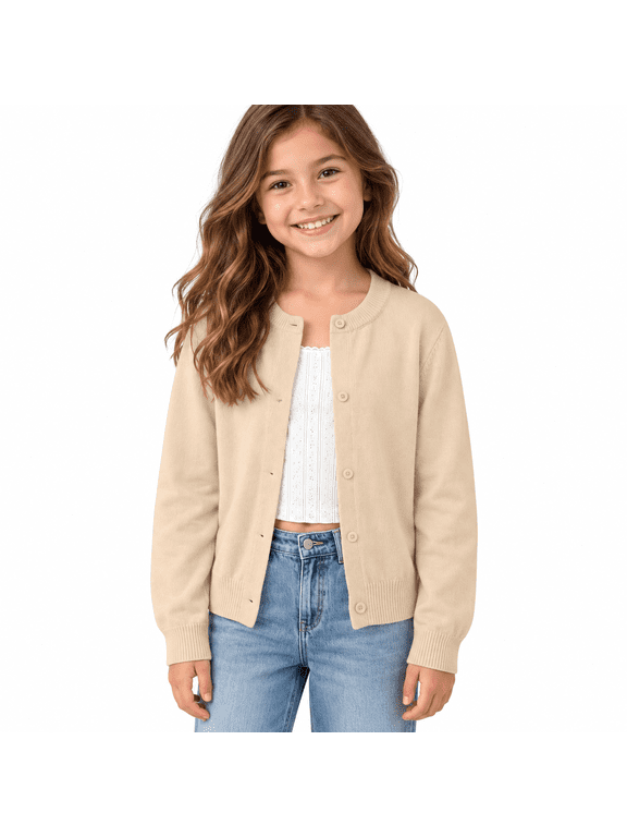 Khaki Girls Button Front Cardigan Sweater Size 8-9 Years, Long Sleeve Crew Neck Knit Jacket for School Uniform, Casual Layering Fall Spring Everyday Wear