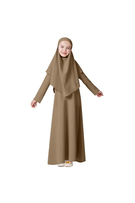 Khaki Girls Islamic Dress with Hijab Muslim Abaya Set Prayer Outfit Modest Long Sleeve Maxi Dress for Eid Ramadan 4-12 Years,Size 4-5 T
