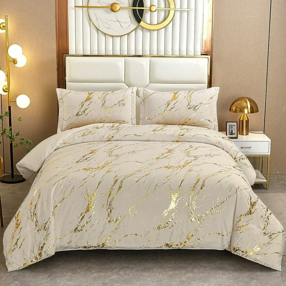 Khaki Gold Metallic Marble Comforter Set Queen Size Bedding Set Microfiber Bedding 90"x90"