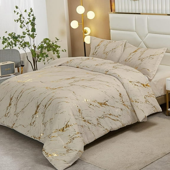 Khaki Gold Metallic Marble Comforter Set Queen Foil Print Glitter Bedding Sets with 2 Pillowcases for All Seasons, Soft Microfiber Filling Bedding Duvet Set 90"x90"