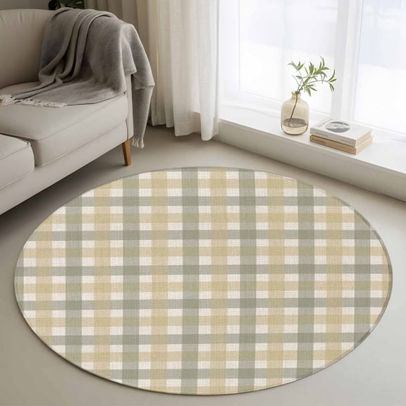 Khaki Green Plaid 3FT Round Area Rug Country Khaki Sage Green Plaid Soft Small Round Rugs Non-Slip, Ultra-Thin Washable Rug Low Pile Circle Carpet for Bedroom Kitchen Nursery