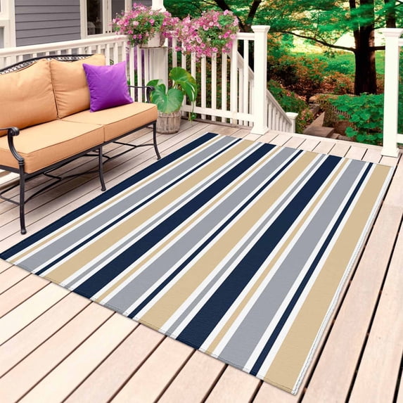 Khaki Grey Striped Outdoor Rug 5x8 Ft, Non Slip Washable Area Rug, Navy Blue Farmhouse Stripes Abstract Art Patio Rugs Carpet Runner, Large Floor Mat for Indoor/Outdoor Deck Porch Camping