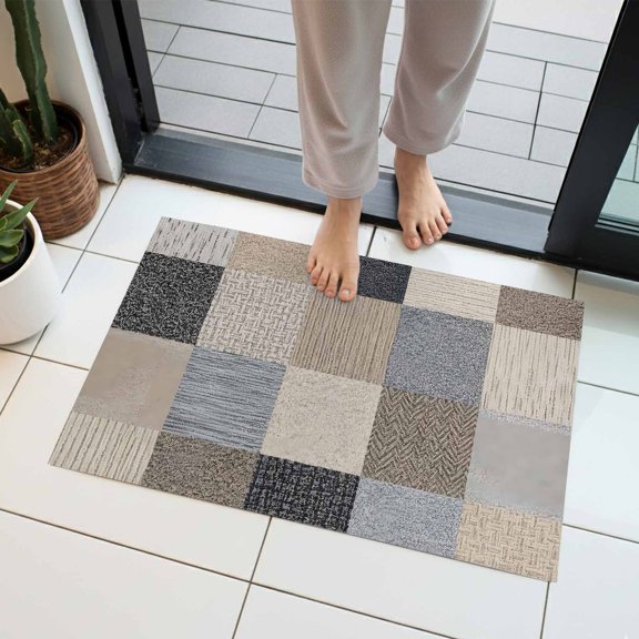 Khaki Grey Woven Indoor Door Mat 16x24 Inch Modern Minimalist Patchwork Linen Texture Front Door Mat Non Slip Washable Entryway Rug Low Profile Dirt Trapper Doormat for Bathroom Kitchen Bedroom