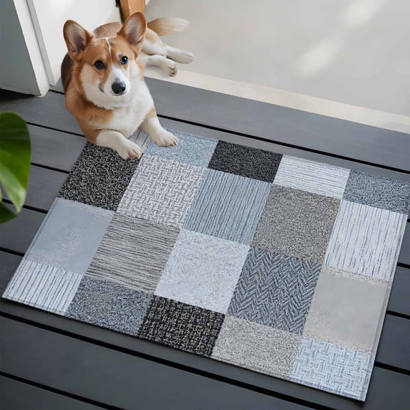 Khaki Grey Woven Small Area Rugs 2x3 Industrial Patchwork Linen Texture Entryway Rugs Washable Door Mat, Low-Profile Area Rugs Non Slip Floor Carpet for Living Room Bedroom Home Office